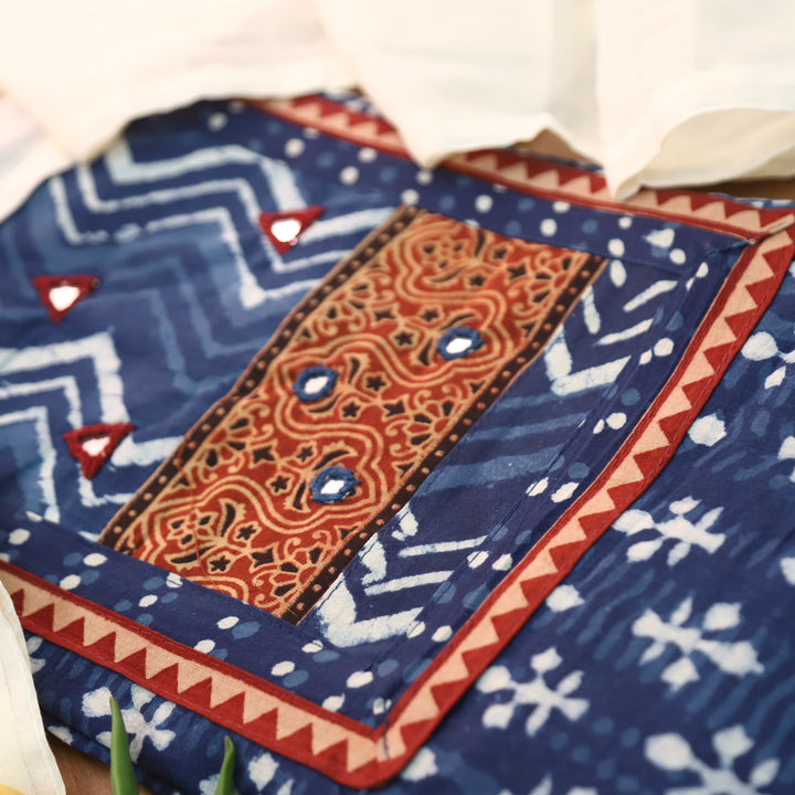 Padma Indigo Blue  Kutch Mirror Dabu Printed Cotton Suit Set D2
