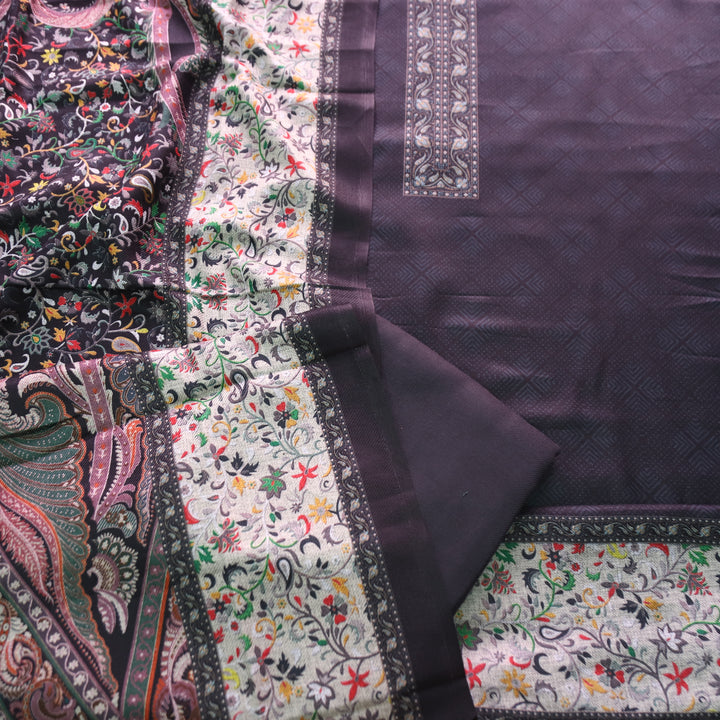 रोहिणी Midnight Black Digital Kanni Printed Hem Semi Pashmina Winter Set