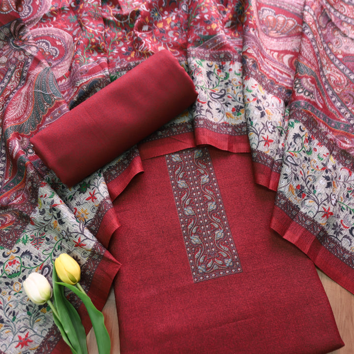 रोहिणी Berry Red Digital Kanni Printed Hem Semi Pashmina Winter Set