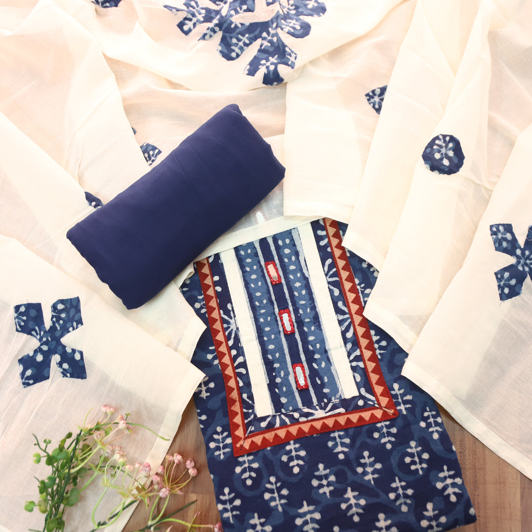 Padma Indigo Blue  Kutch Mirror Dabu Printed Cotton Suit Set D3