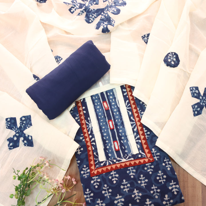 Padma Indigo Blue  Kutch Mirror Dabu Printed Cotton Suit Set D3
