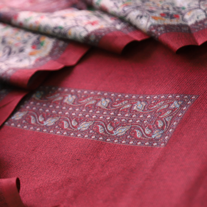 रोहिणी Berry Red Digital Kanni Printed Hem Semi Pashmina Winter Set