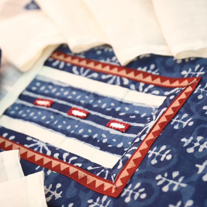 Padma Indigo Blue  Kutch Mirror Dabu Printed Cotton Suit Set D3