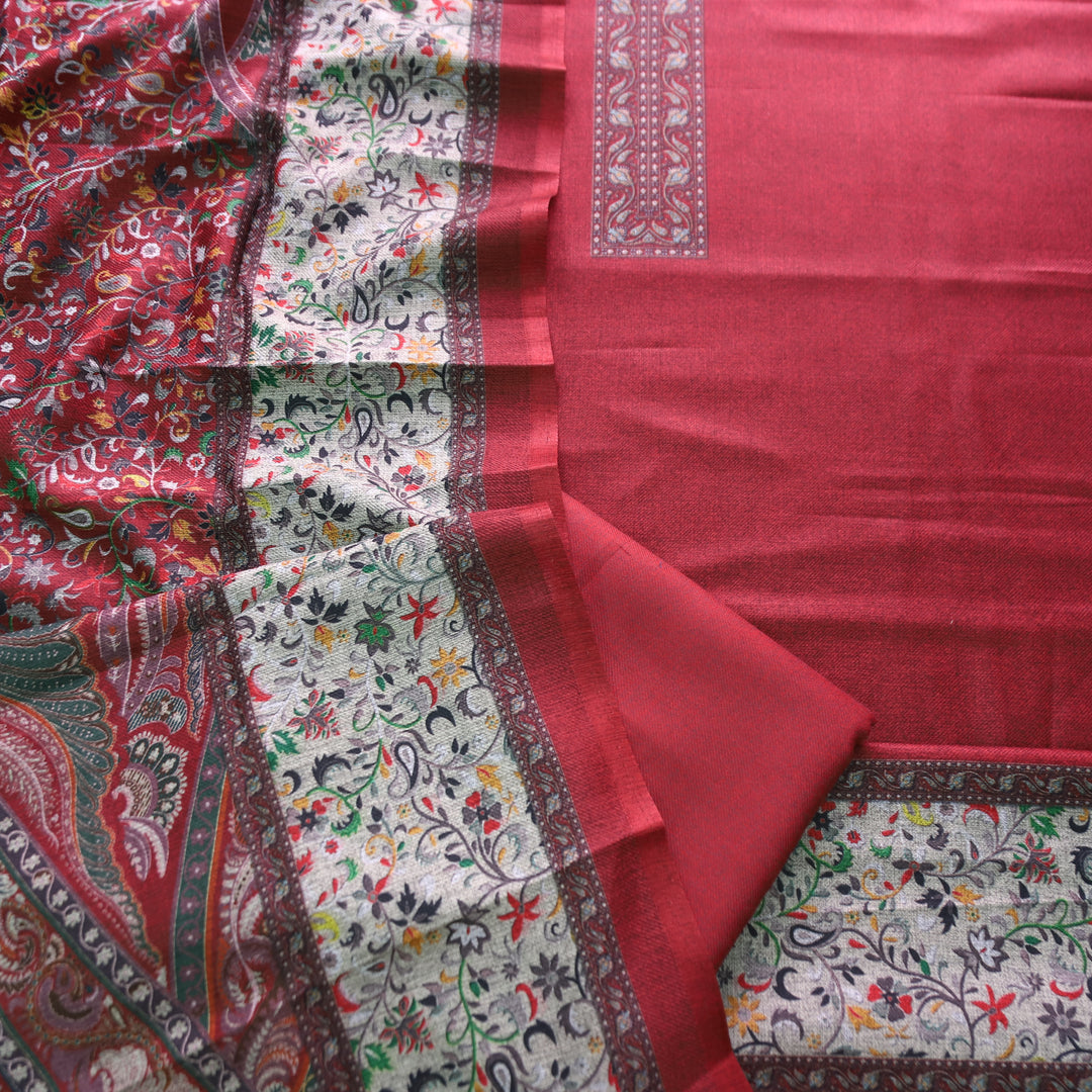 रोहिणी Berry Red Digital Kanni Printed Hem Semi Pashmina Winter Set