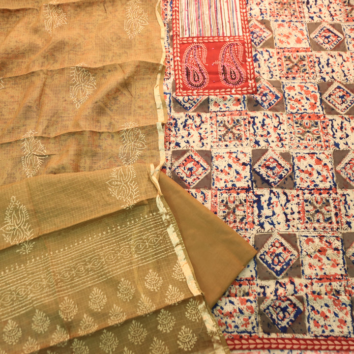 Sufna Peanut Beige Paisley Print Yoke Kalamkari Printed Cotton Set
