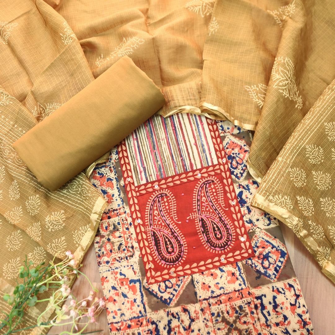 Sufna Peanut Beige Paisley Print Yoke Kalamkari Printed Cotton Set