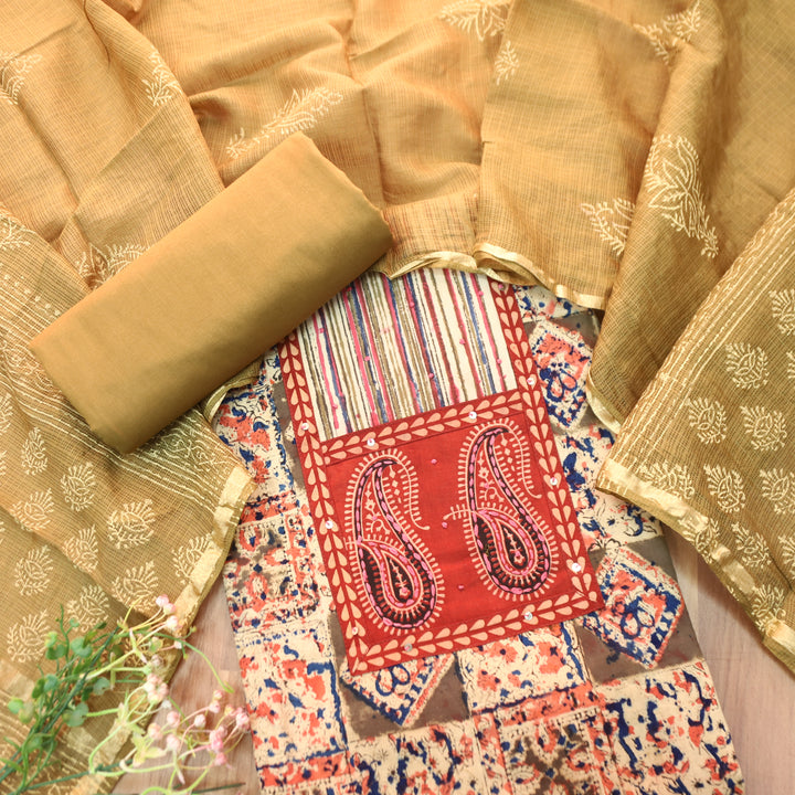 Sufna Peanut Beige Paisley Print Yoke Kalamkari Printed Cotton Set
