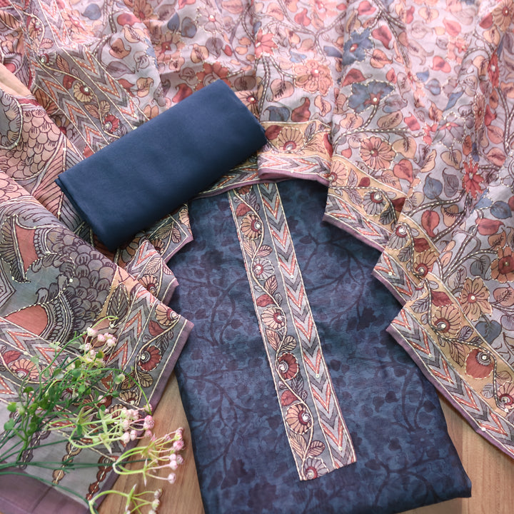 Uttami Midnight Blue All Over Kantha Embroidery Neck Work Chanderi Set