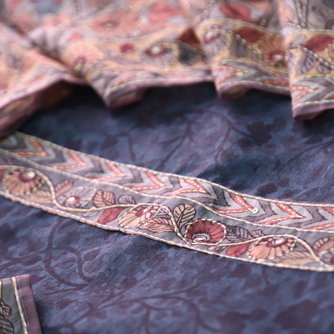 Uttami Midnight Blue All Over Kantha Embroidery Neck Work Chanderi Set