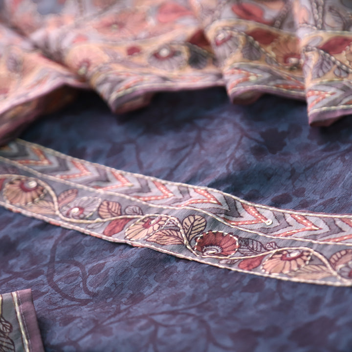 Uttami Midnight Blue All Over Kantha Embroidery Neck Work Chanderi Set