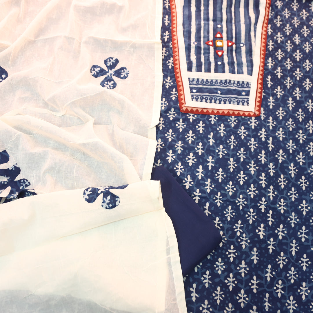 Padma Indigo Blue  Kutch Mirror Dabu Printed Cotton Suit Set D4