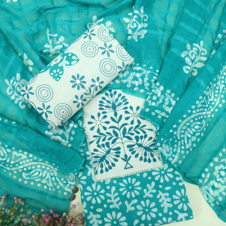 Nazara Teal Blue Thread Work Batik Print with Kantha Work Cotton Suit Set