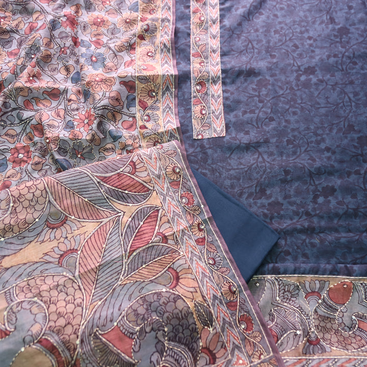 Uttami Midnight Blue All Over Kantha Embroidery Neck Work Chanderi Set