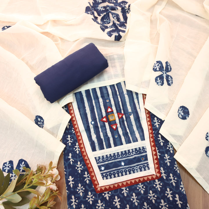 Padma Indigo Blue  Kutch Mirror Dabu Printed Cotton Suit Set D4