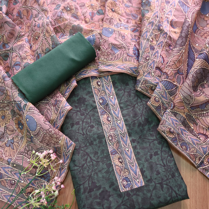 Uttami Dark Green All Over Kantha Embroidery Neck Work Chanderi Set