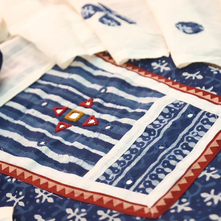 Padma Indigo Blue  Kutch Mirror Dabu Printed Cotton Suit Set D4