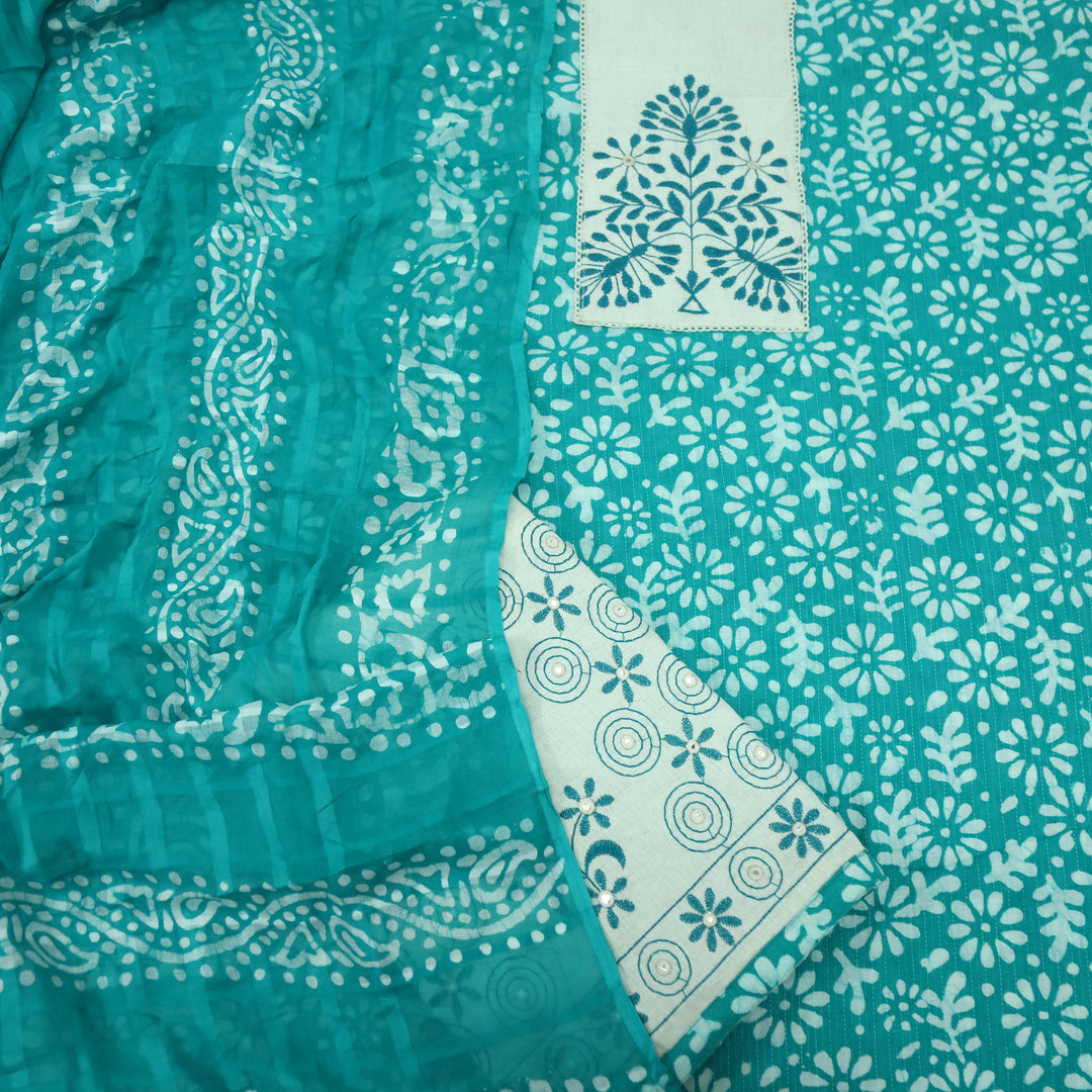 Nazara Teal Blue Thread Work Batik Print with Kantha Work Cotton Suit Set