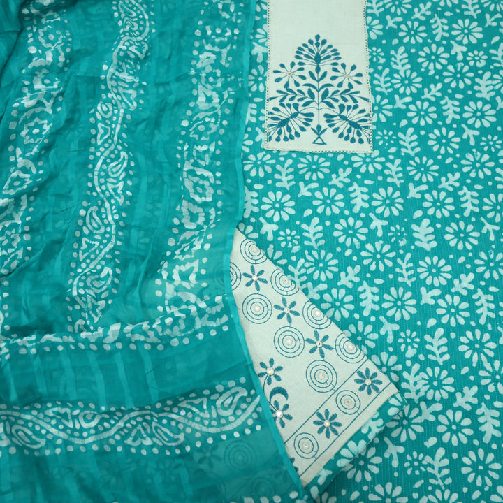 Nazara Teal Blue Thread Work Batik Print with Kantha Work Cotton Suit Set