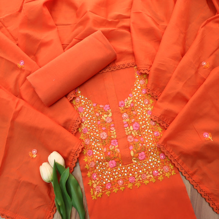 Praushna Tangerine Orange Kolkata Hand Embroidered Mul Cotton Set