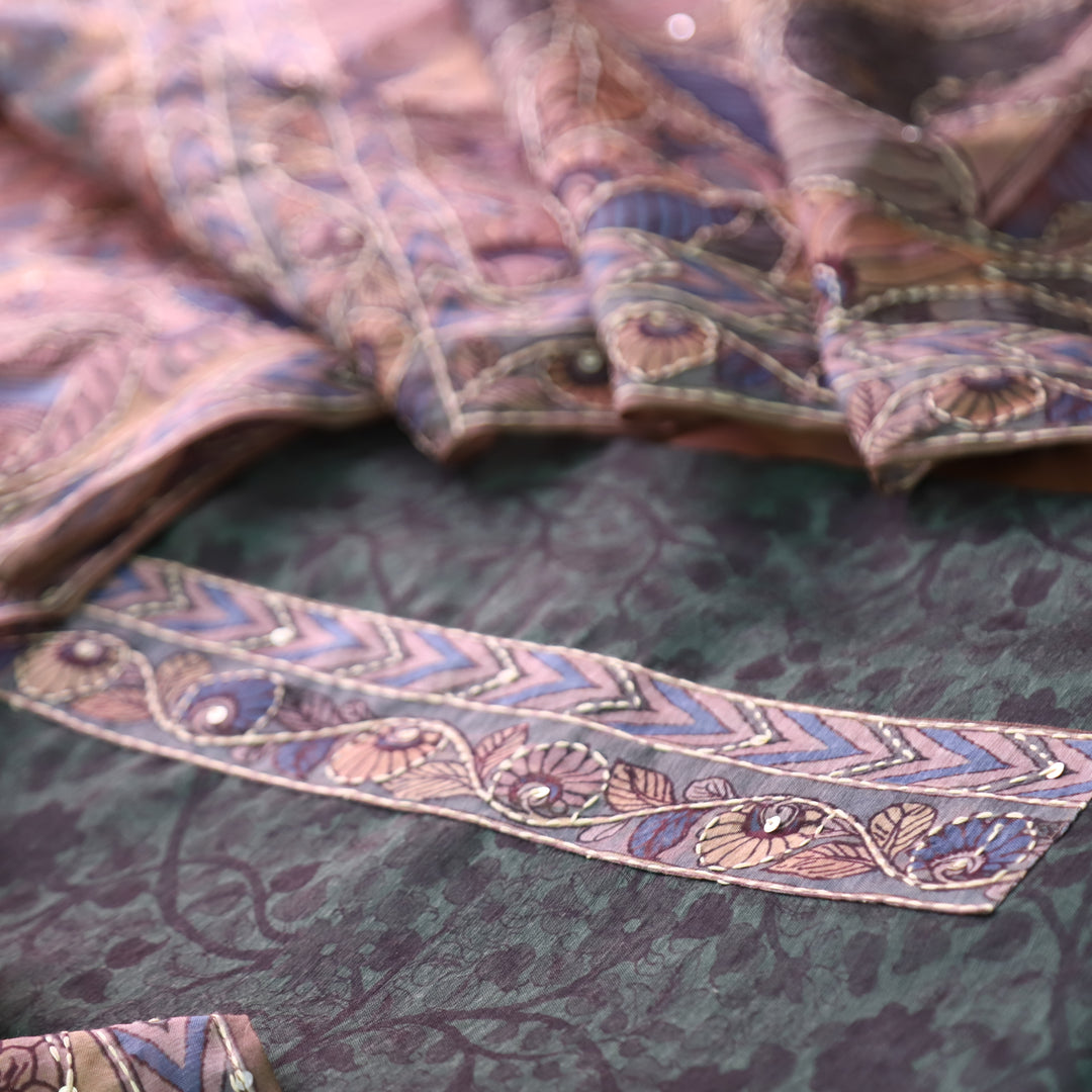 Uttami Dark Green All Over Kantha Embroidery Neck Work Chanderi Set