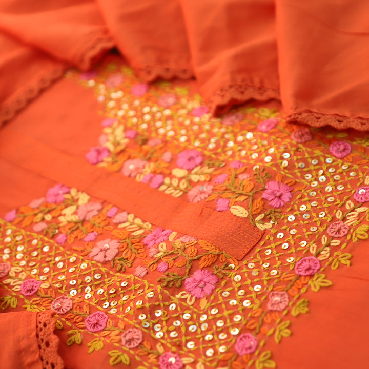 Praushna Tangerine Orange Kolkata Hand Embroidered Mul Cotton Set