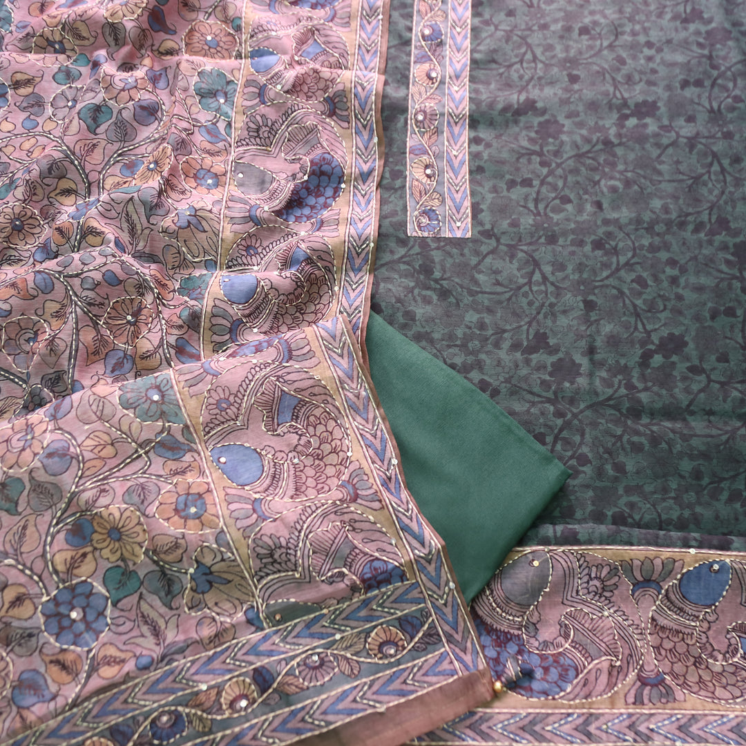 Uttami Dark Green All Over Kantha Embroidery Neck Work Chanderi Set