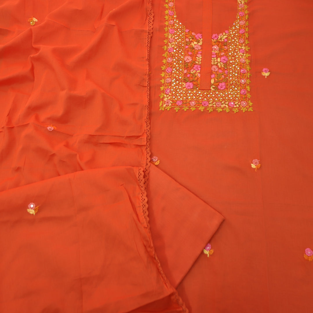 Praushna Tangerine Orange Kolkata Hand Embroidered Mul Cotton Set