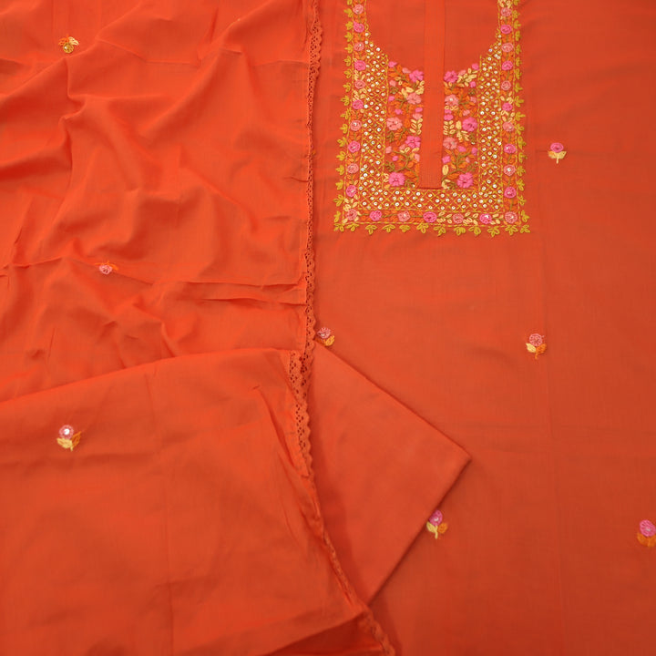 Praushna Tangerine Orange Kolkata Hand Embroidered Mul Cotton Set