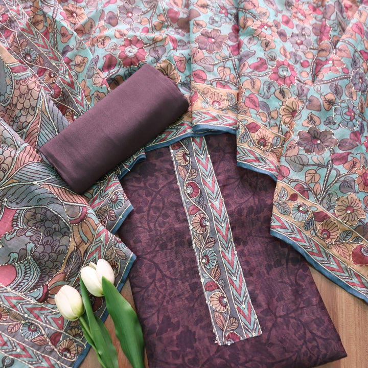 Uttami Dark  Chocolate All Over Kantha Embroidery Neck Work Chanderi Set