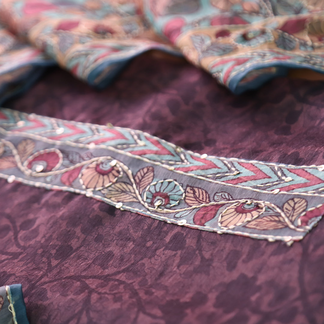 Uttami Dark  Chocolate All Over Kantha Embroidery Neck Work Chanderi Set