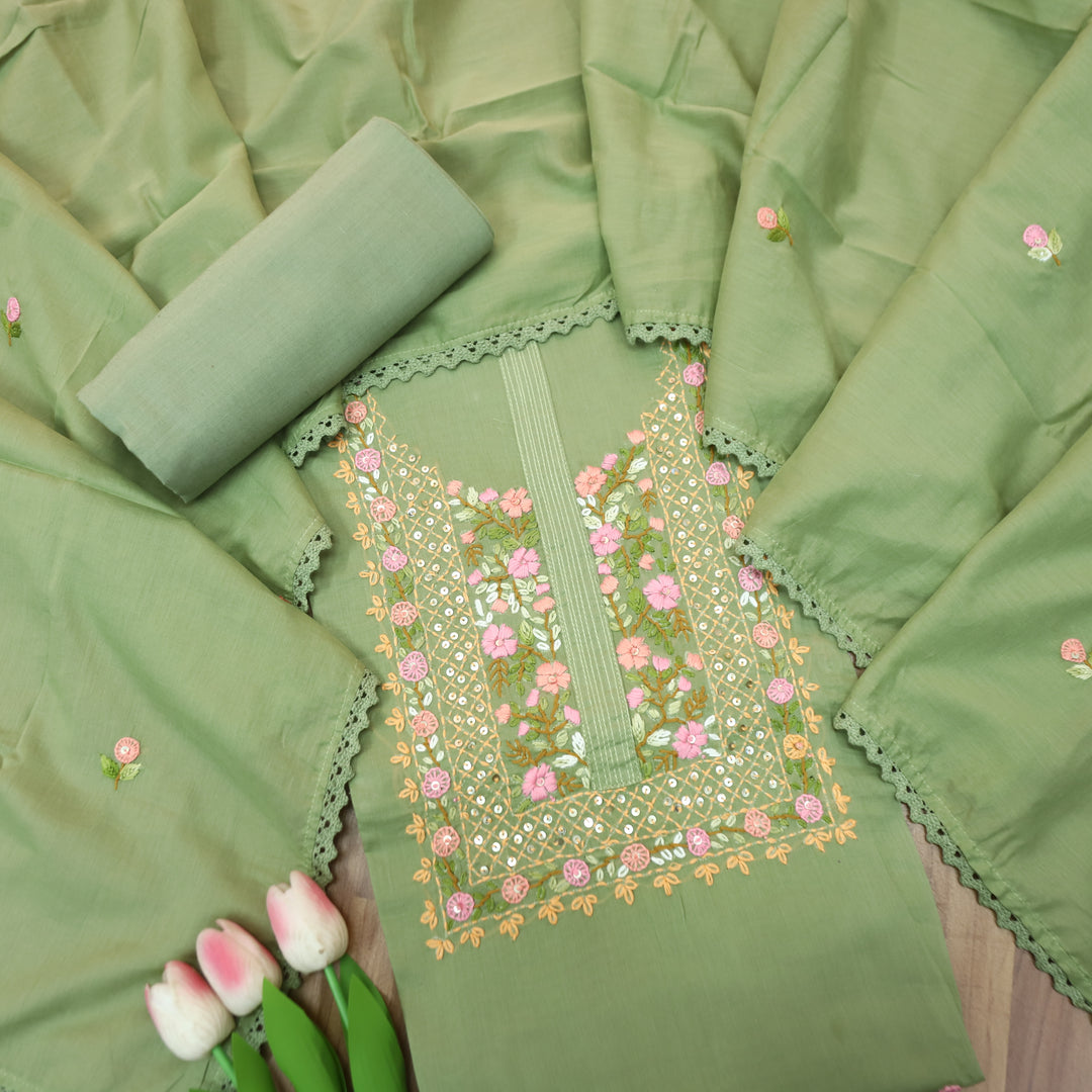 Praushna Castleton Mint Kolkata Hand Embroidered Mul Cotton Set