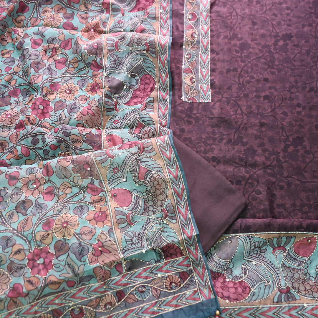 Uttami Dark  Chocolate All Over Kantha Embroidery Neck Work Chanderi Set