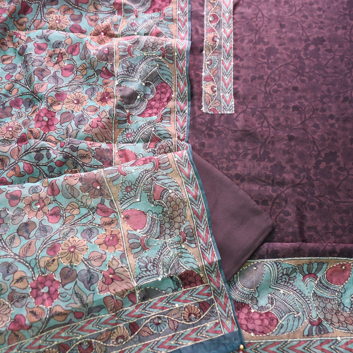 Uttami Dark  Chocolate All Over Kantha Embroidery Neck Work Chanderi Set