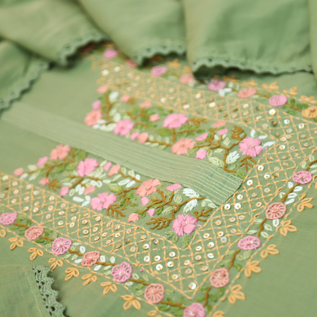 Praushna Castleton Mint Kolkata Hand Embroidered Mul Cotton Set