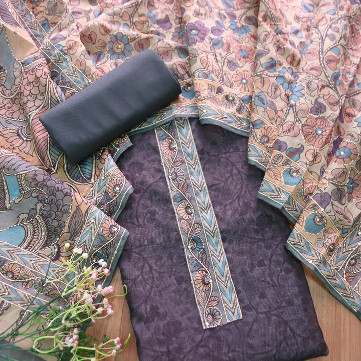 Uttami Charocal Grey All Over Kantha Embroidery Neck Work Chanderi Set