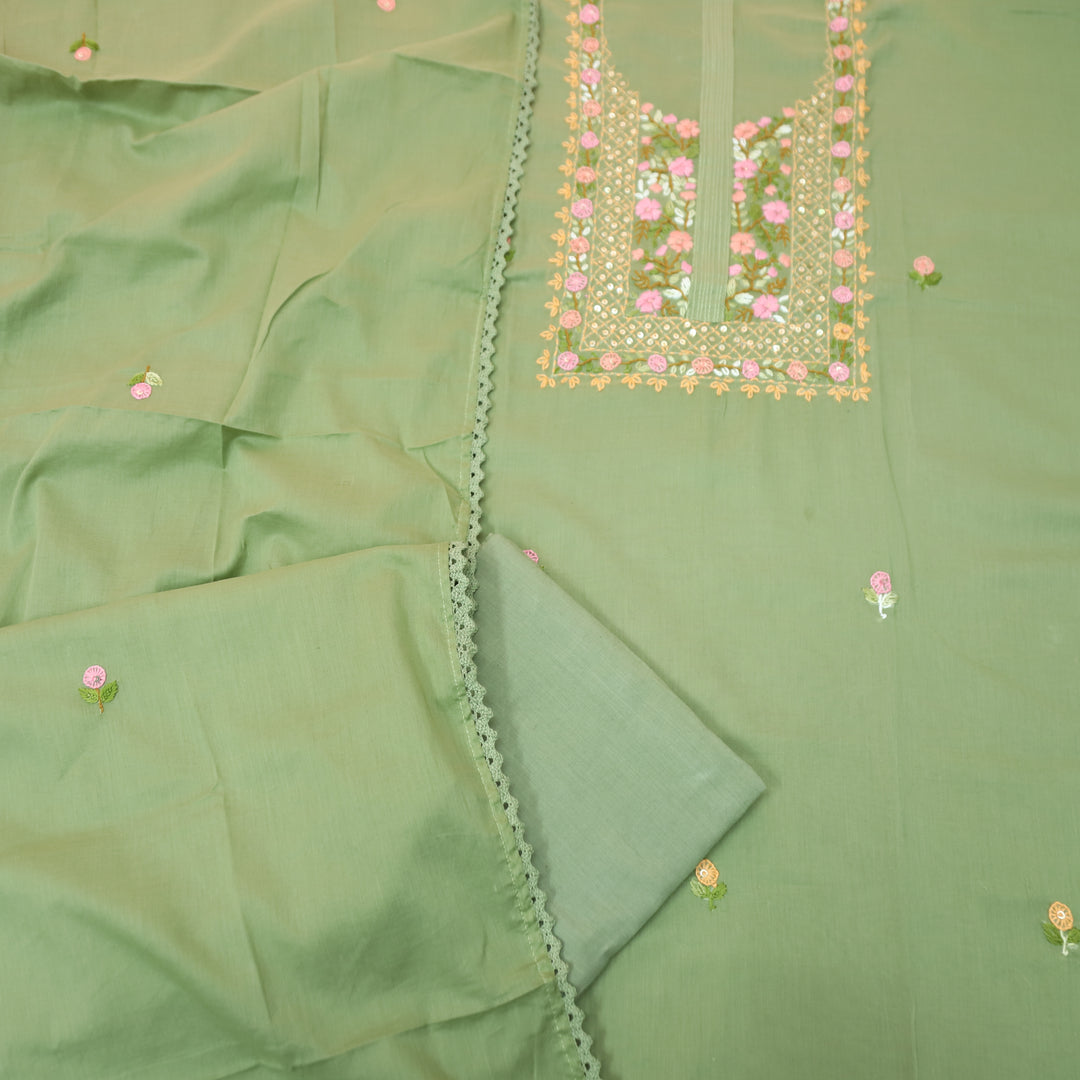 Praushna Castleton Mint Kolkata Hand Embroidered Mul Cotton Set