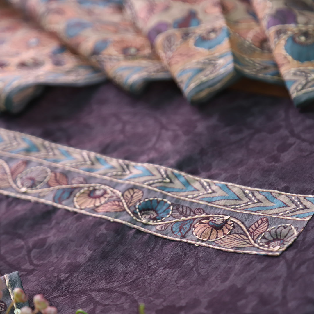 Uttami Charocal Grey All Over Kantha Embroidery Neck Work Chanderi Set