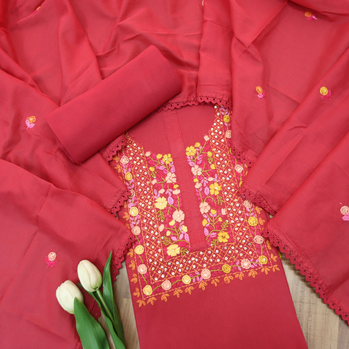 Praushna Rani Pink Kolkata Hand Embroidered Mul Cotton Set