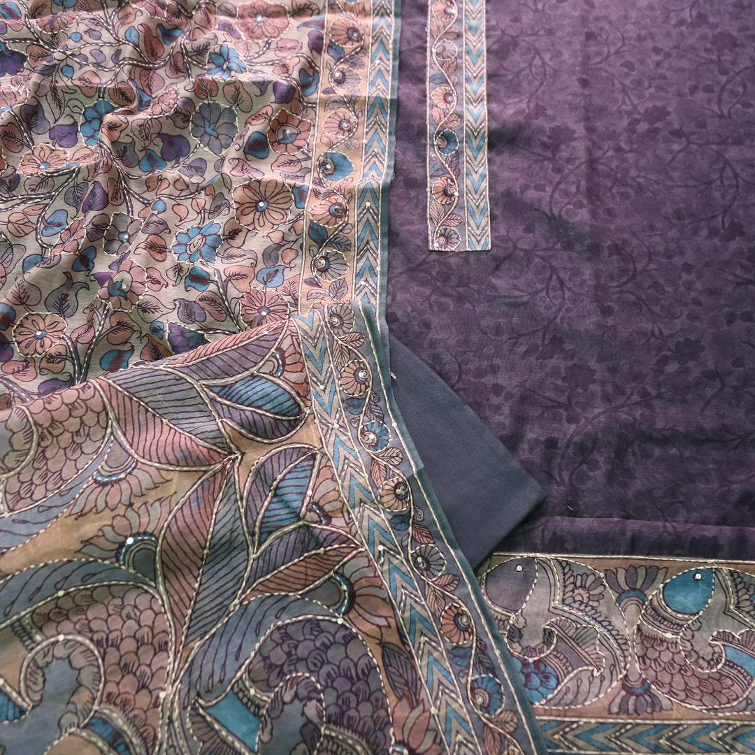 Uttami Charocal Grey All Over Kantha Embroidery Neck Work Chanderi Set