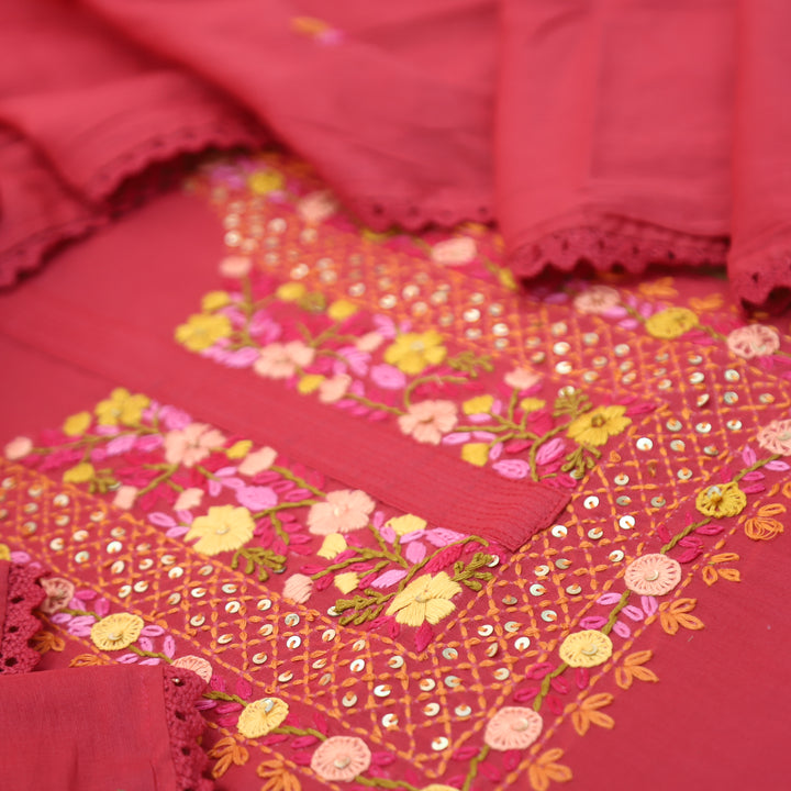 Praushna Rani Pink Kolkata Hand Embroidered Mul Cotton Set