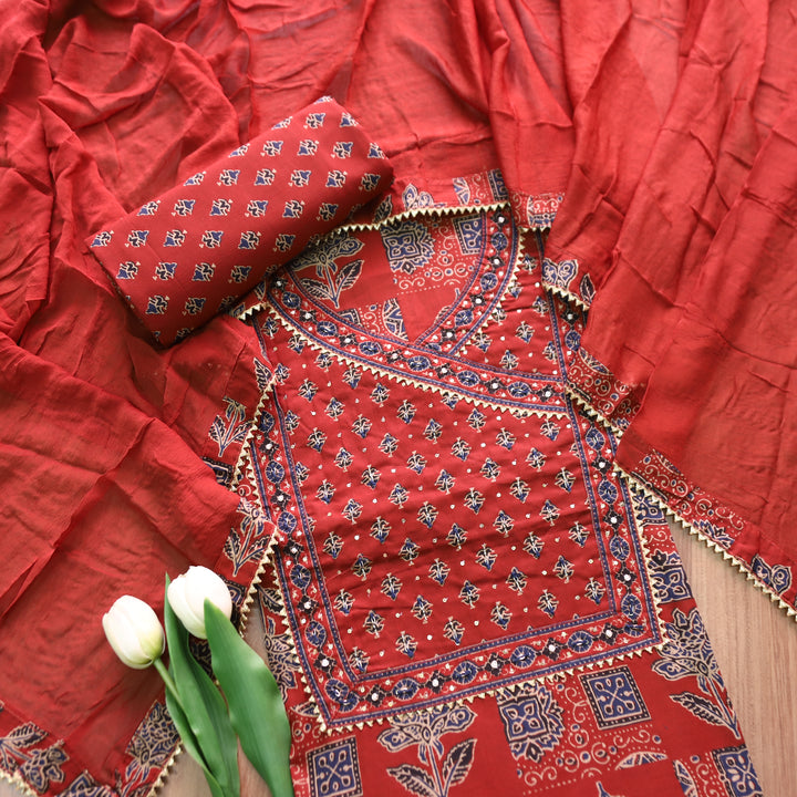 Masroof Cherry Red Spiral Work Angrakha Style with Ajrak Printed Cotton Suit Set