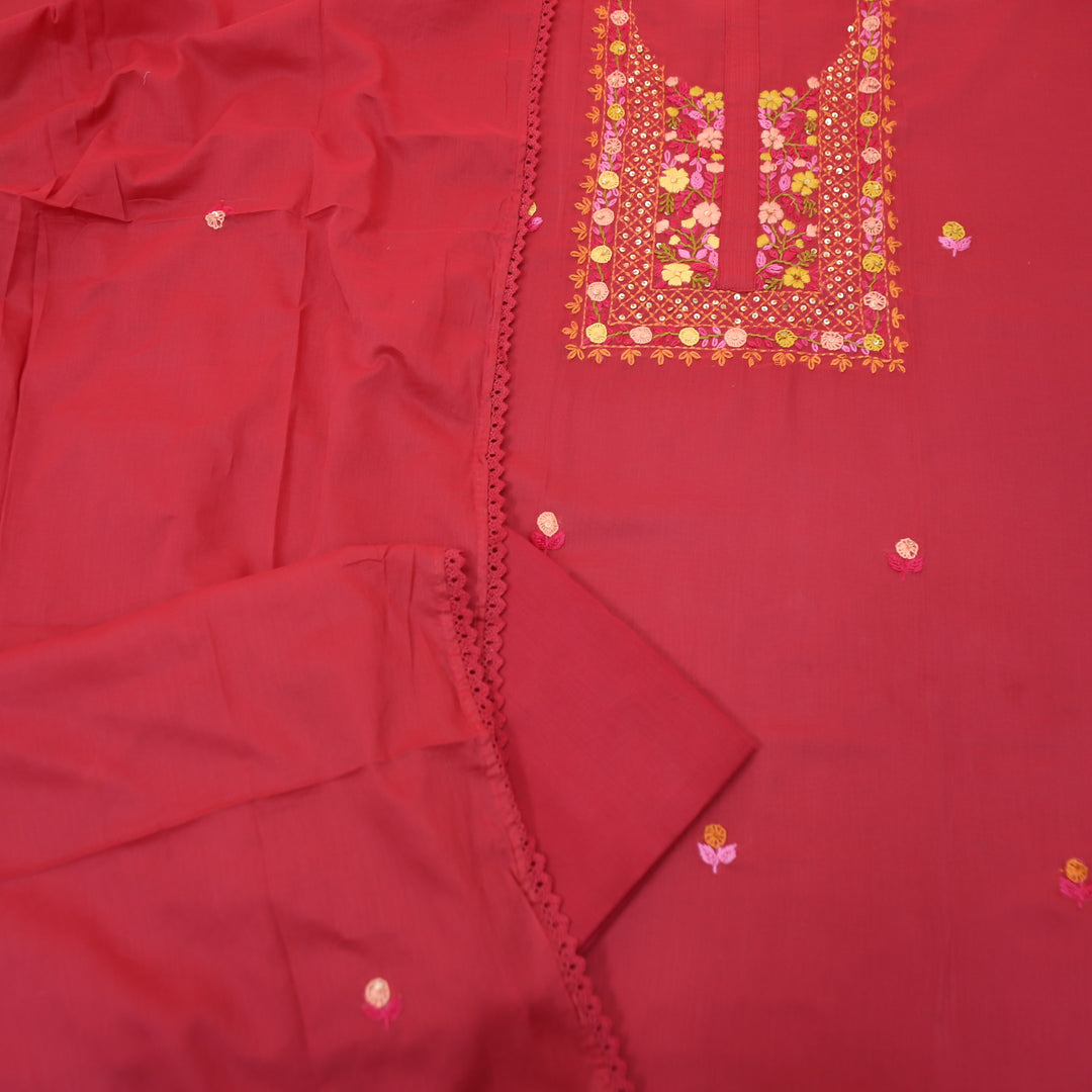 Praushna Rani Pink Kolkata Hand Embroidered Mul Cotton Set