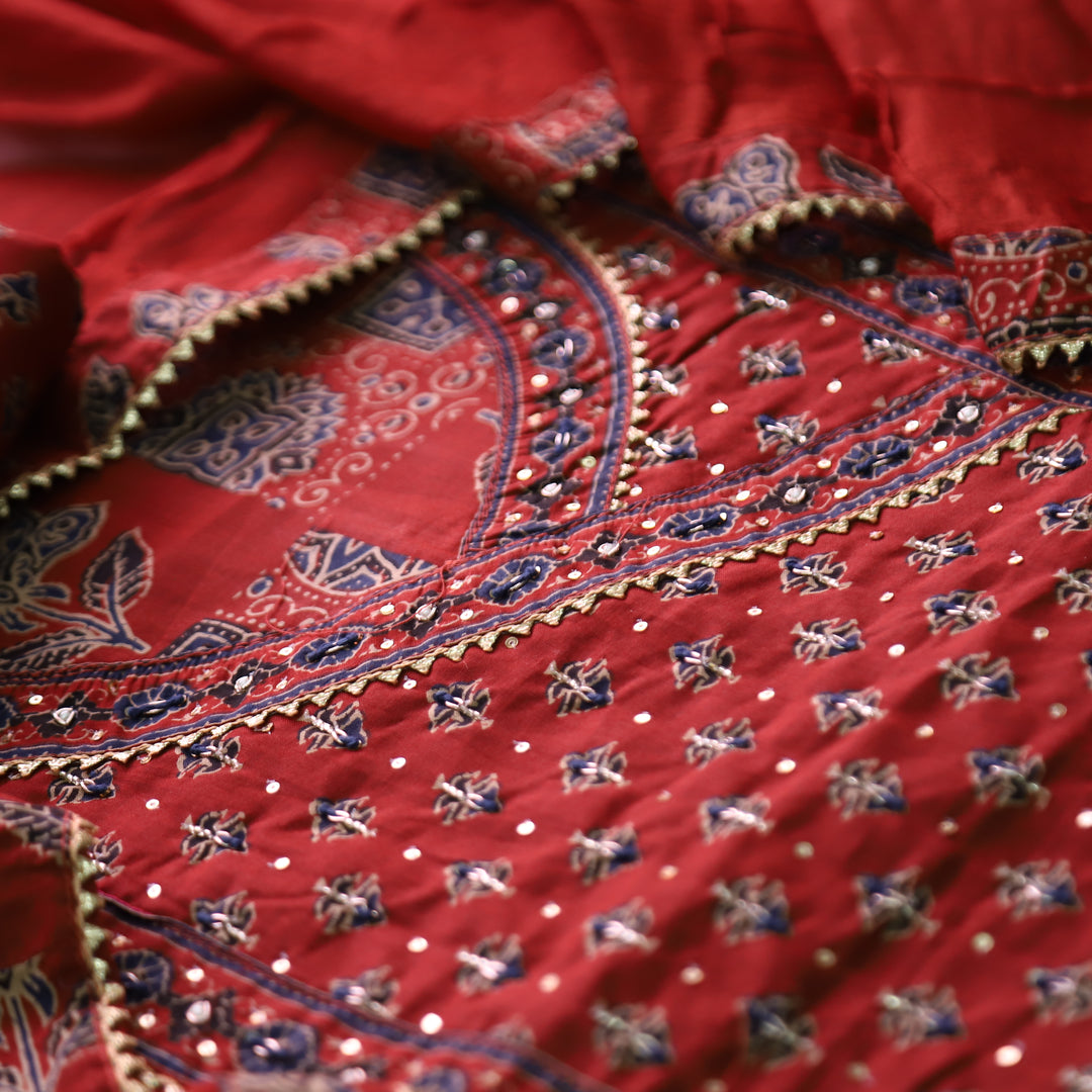 Masroof Cherry Red Spiral Work Angrakha Style with Ajrak Printed Cotton Suit Set