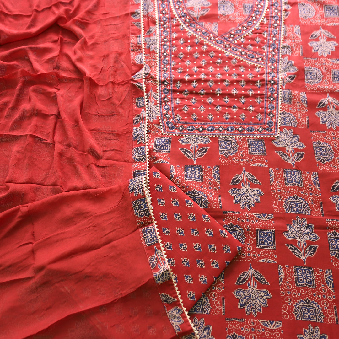 Masroof Cherry Red Spiral Work Angrakha Style with Ajrak Printed Cotton Suit Set