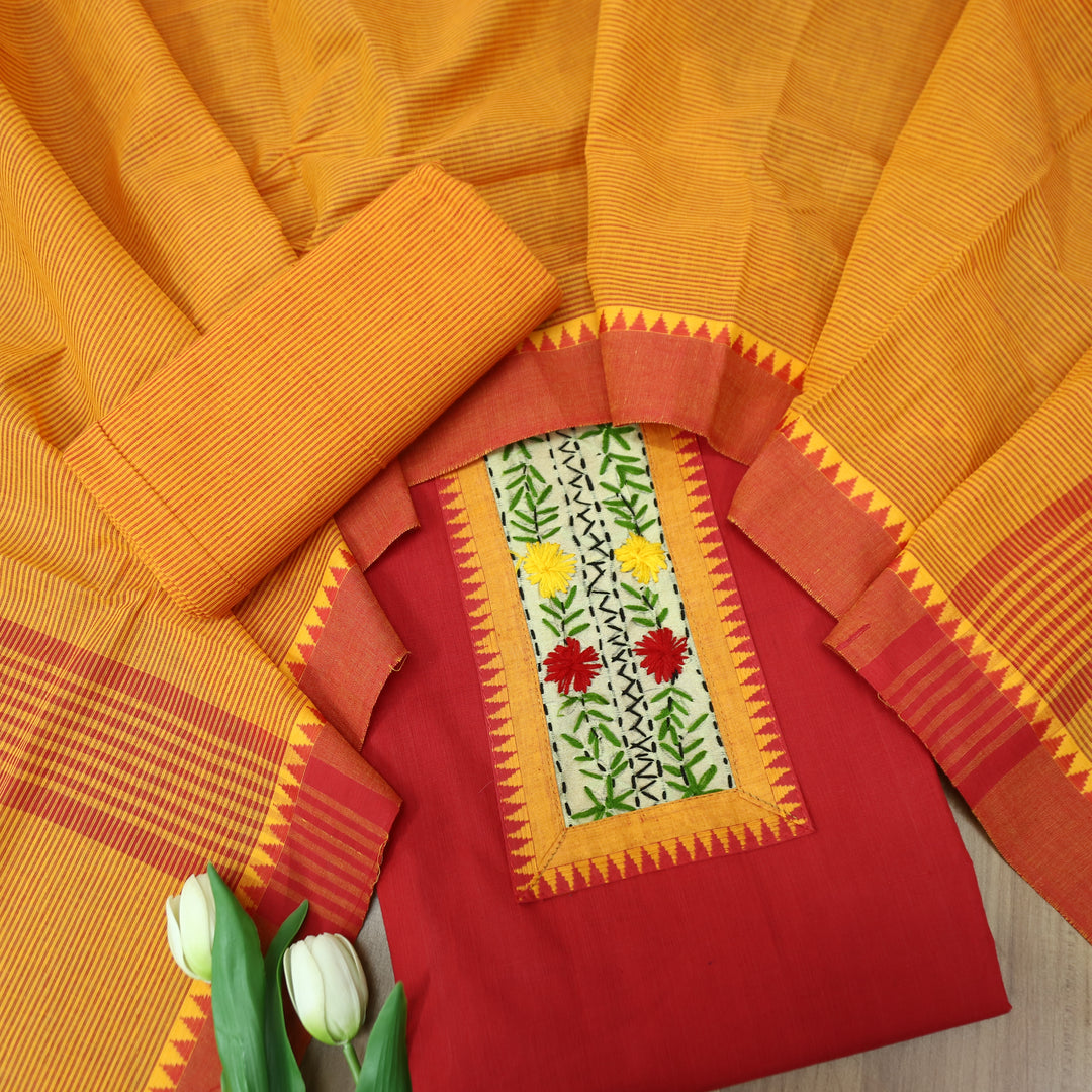 Tarini Rani Red Thread Embroidered Neck Patch Temple Print South Cotton Suit Set