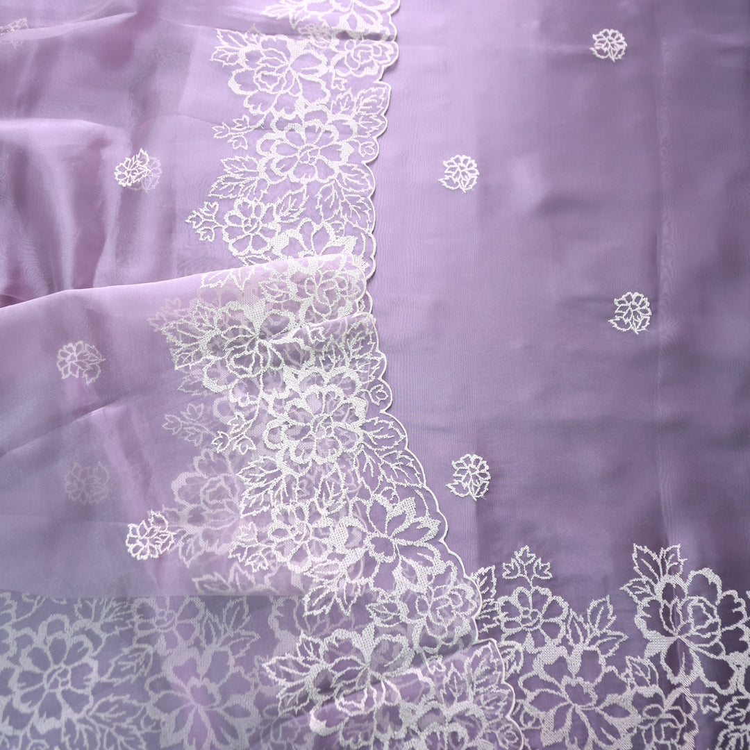 Ragini Purpleish Grey Cross-Stitch Hem Work Glass Organza Set
