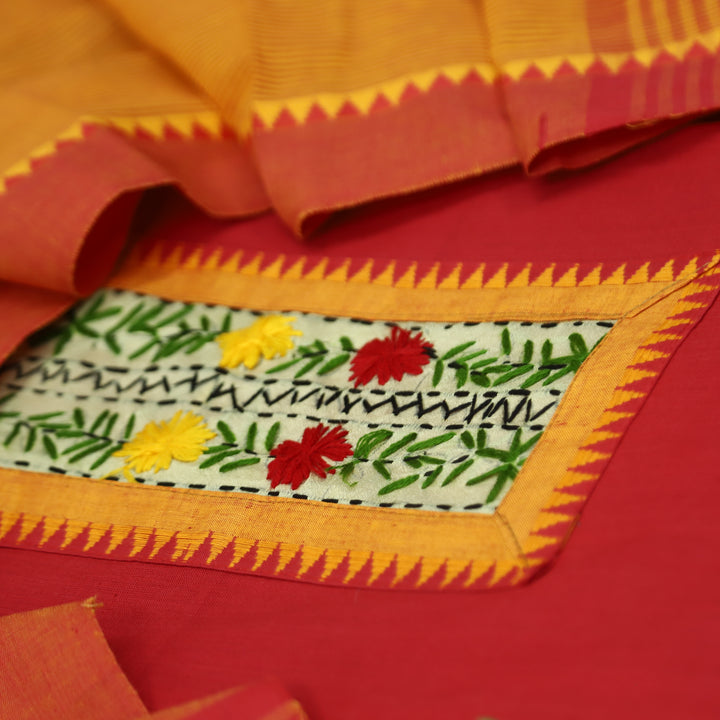 Tarini Rani Red Thread Embroidered Neck Patch Temple Print South Cotton Suit Set