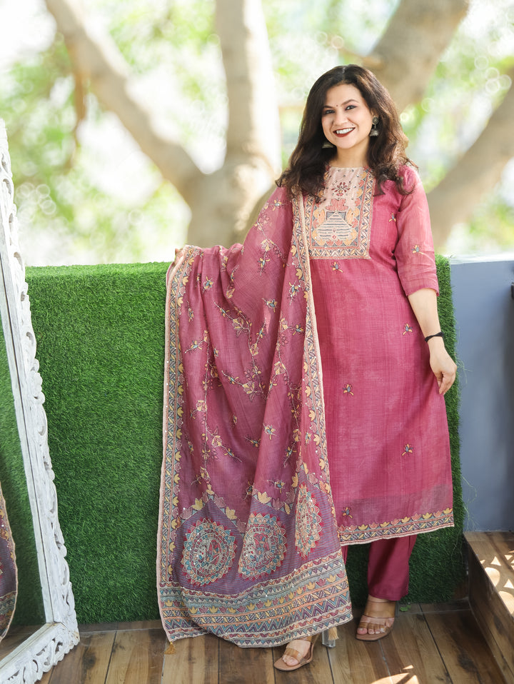 Sumitra Mulberry Onion Madhbani Print with Kantha Work Detailing Chanderi 3 Piece Set