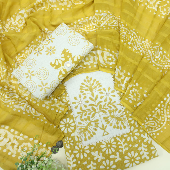 Nazara Shine Yellow Thread Work Batik Print with Kantha Work Cotton Suit Set