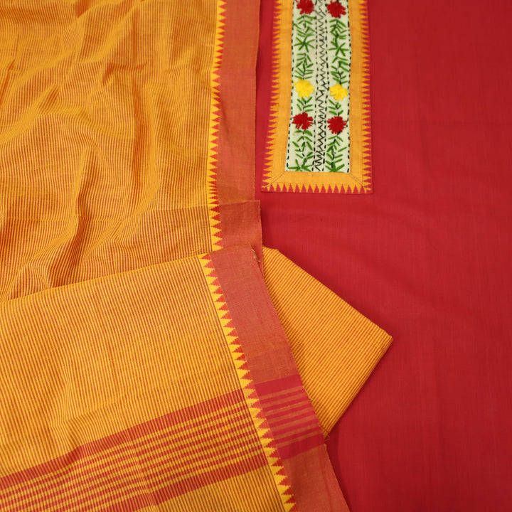 Tarini Rani Red Thread Embroidered Neck Patch Temple Print South Cotton Suit Set